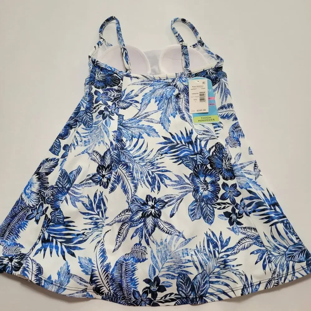 Swim Solutions Blue Blooms Printed Empire Waist Swimdress Modest NWT Size 8 - Picture 10 of 13